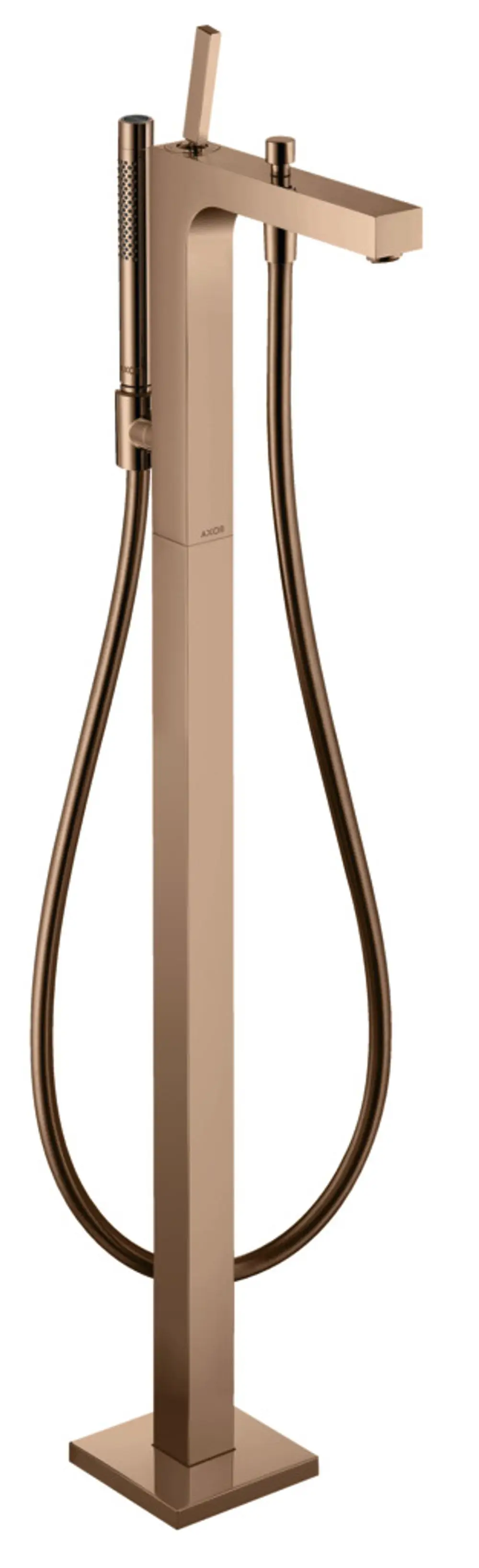 Stehender Einhebel-Wannenmischer von AXOR in Rotgold mit schlanker Form und ausgeglichenem Design, ausgestattet mit einem Handbrauseanschluss.